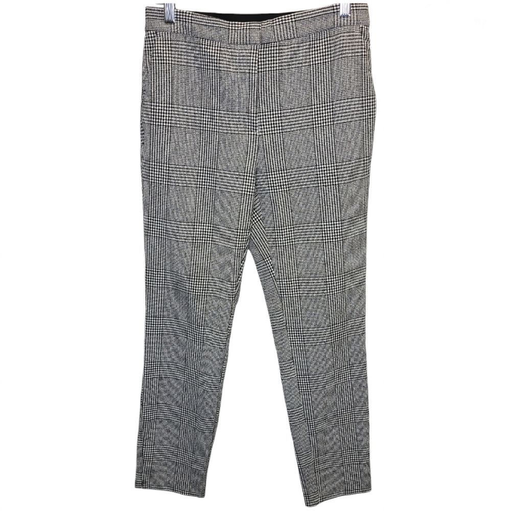Zara Women'sM Black White Plaid Cropped Pants with Elastic Band
